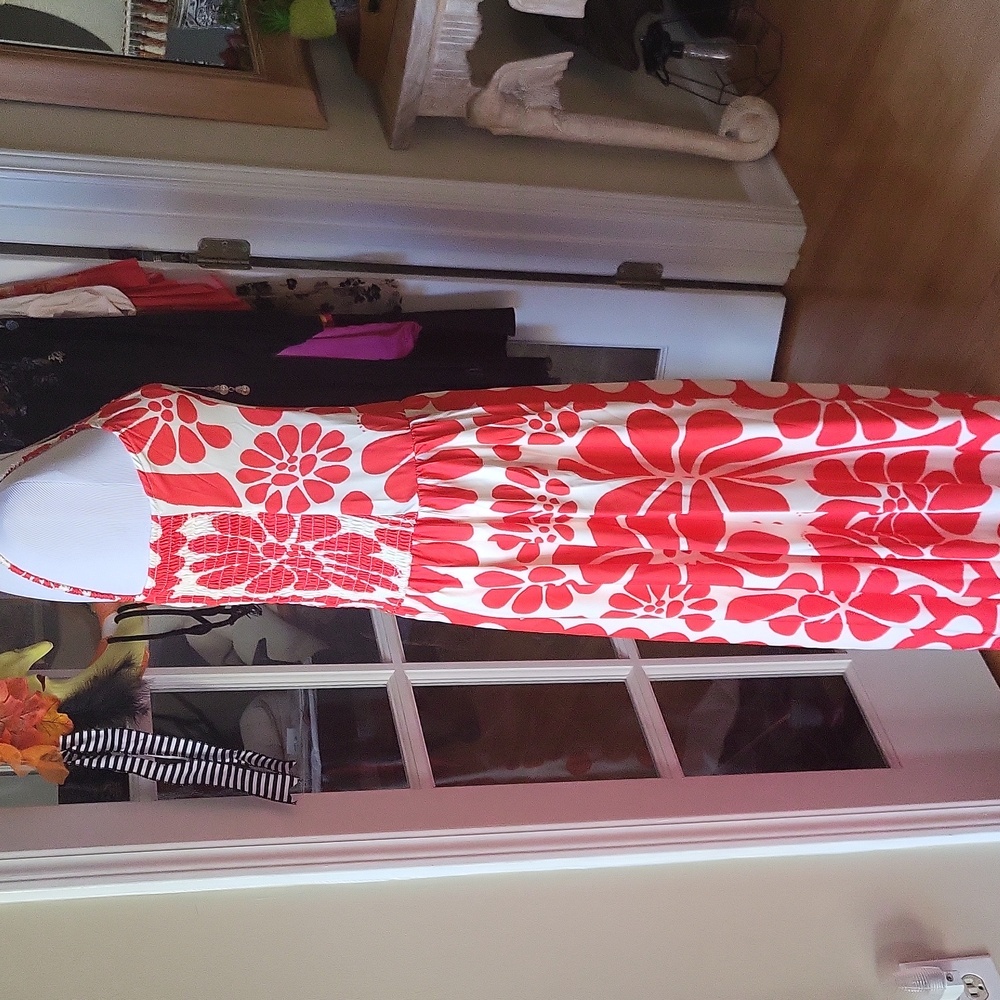 Red And White Designed Dropped Waist Maxi Dresd - Picture 10 of 11